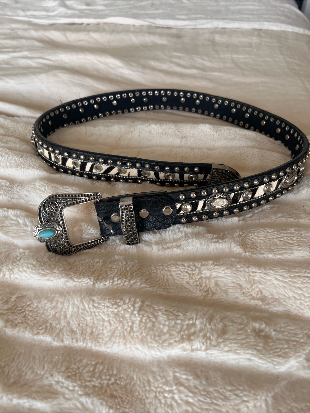 Vintage Black Studded Belt with Turquoise Accent
